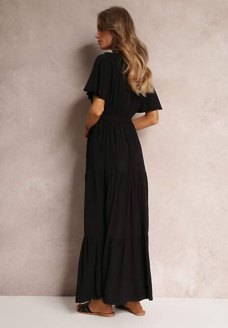 Czarna Rozkloszowana Sukienka z Wiązanym Paskiem Adotine