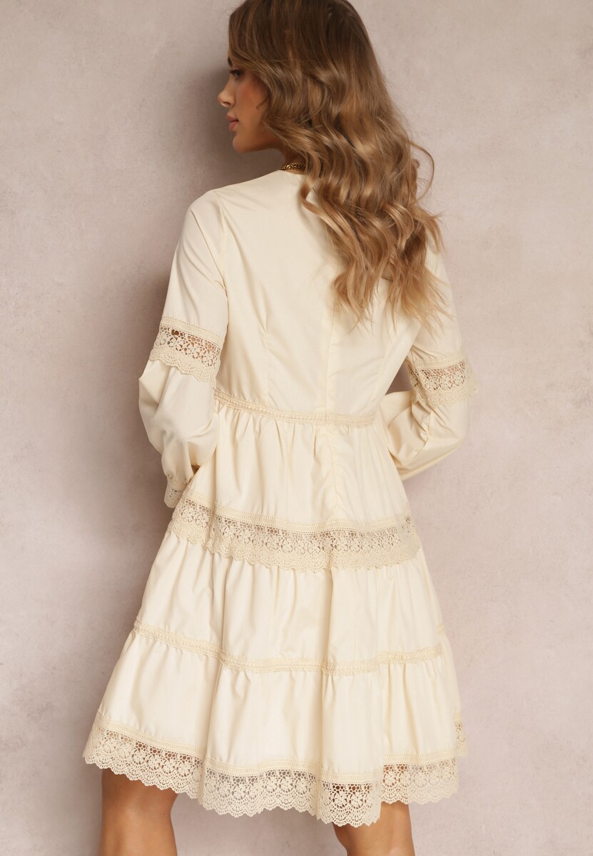 Beżowa Rozkloszowana Sukienka Mini z Ozdobnym Dekoltem z Koronką Eudovana