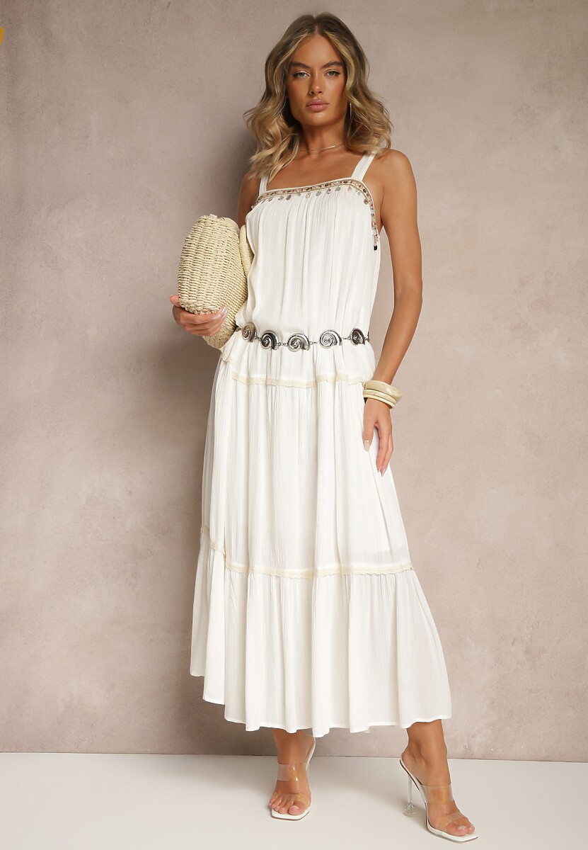 Biała Rozkloszowana Sukienka z Wiskozy z Metalicznymi Aplikacjami Sevinda