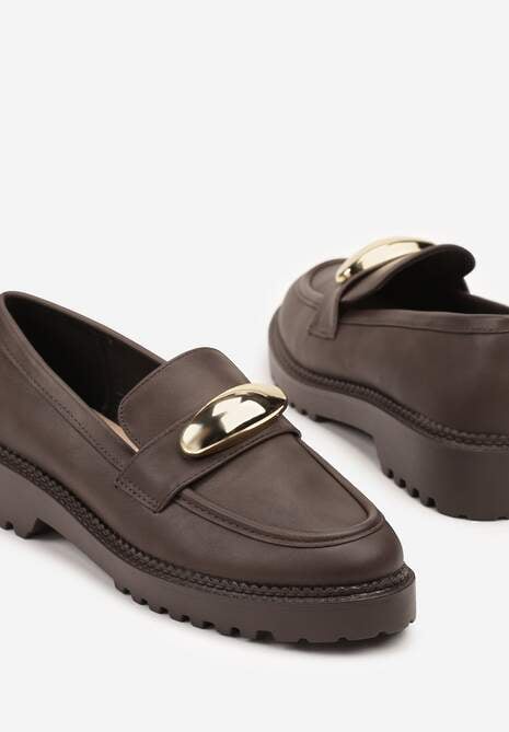 Brązowe Mokasyny Vices z Wkładką ze Skóry Naturalnej z Metaliczną Aplikacją Fergia