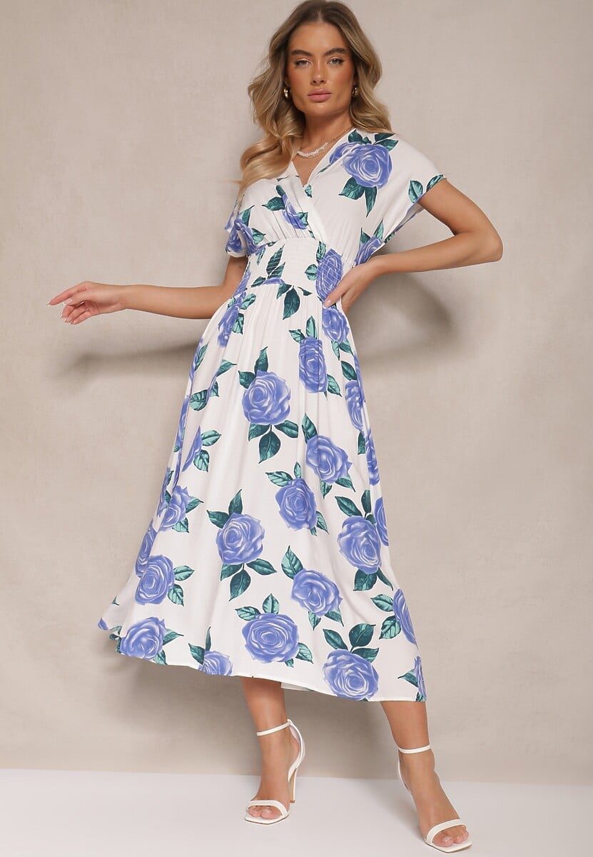 Niebieska Kwiatowa Sukienka z Bawełną i Kopertowym Dekoltem Tdivaria