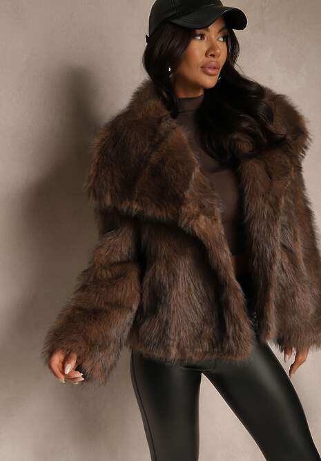 Brązowa Kurtka Futerko o Jednorzędowym Kroju z Szerokim Kołnierzem Dezile