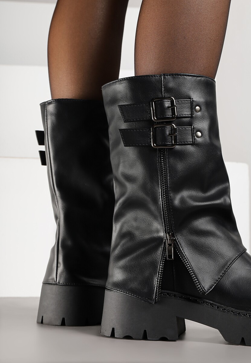 Czarne Botki Biker Boots VICES ze Sprzączkami i Cholewką Imitującą Nogawkę Anevita