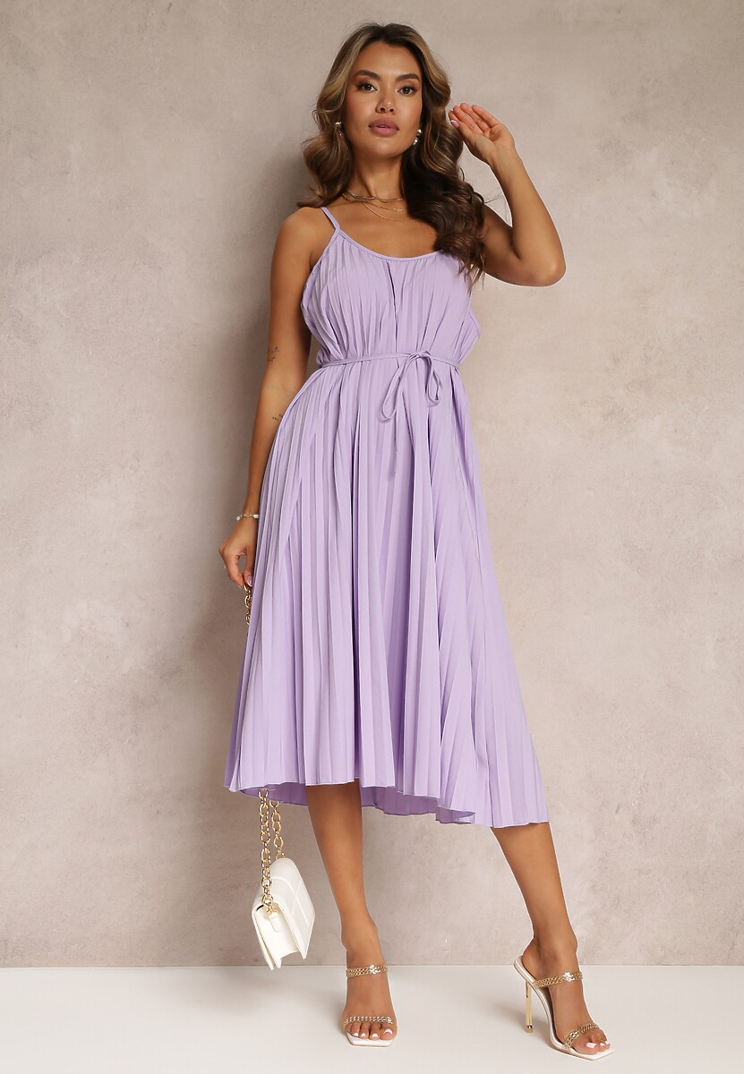 Fioletowa Letnia Sukienka Ozdobiona Plisowaniem i Wiązaniem w Pasie Aziel