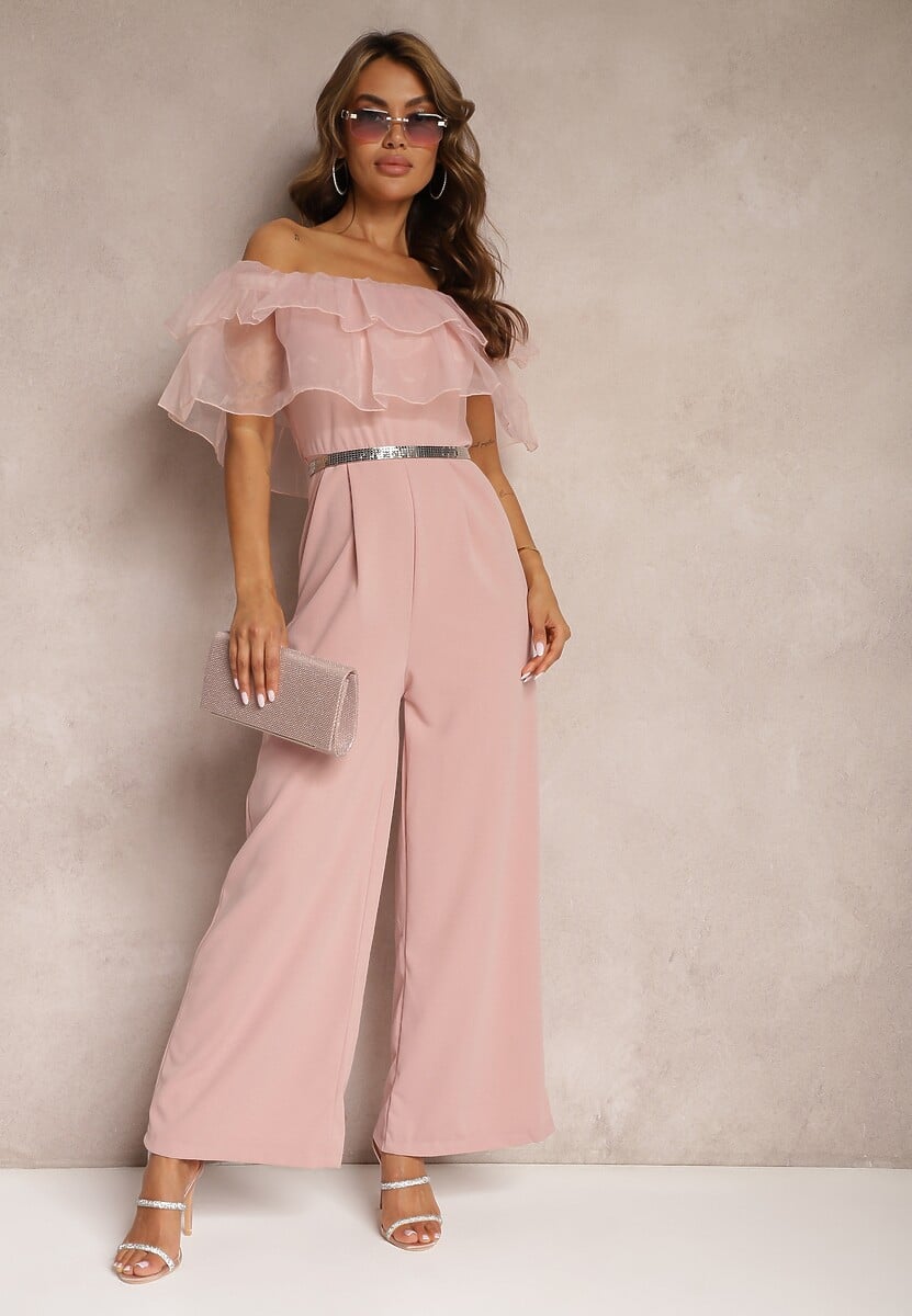 Jasnoniebieski Koktajlowy Kombinezon z Falbanką przy Dekolcie bez Rękawów Tessita