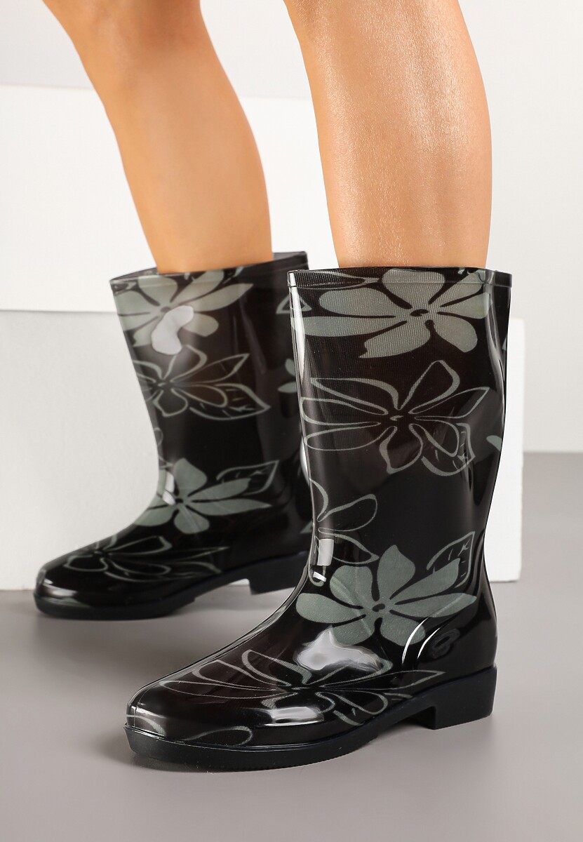 Czarno-Zielone Kalosze z Minimalistycznym Wzorem w Kwiaty Harivan