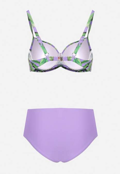 Fioletowe Bikini Biustonosz w Liście i Majtki Figi z Siateczkowymi Wstawkami Kinalea
