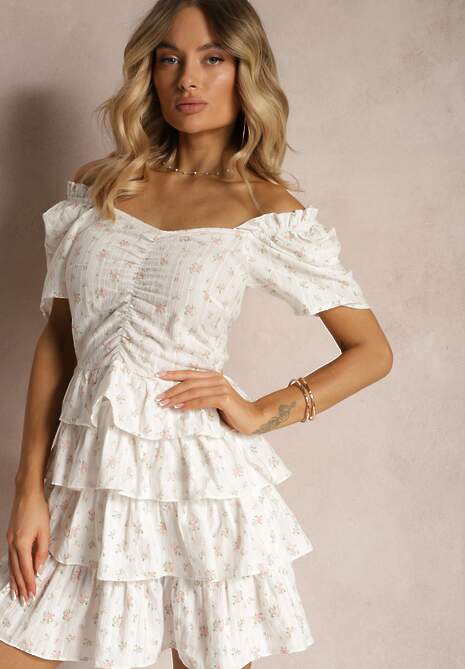 Biała Rozkloszowana Sukienka z Bawełny z Gumką w Talii w Drobne Kwiaty Timariah