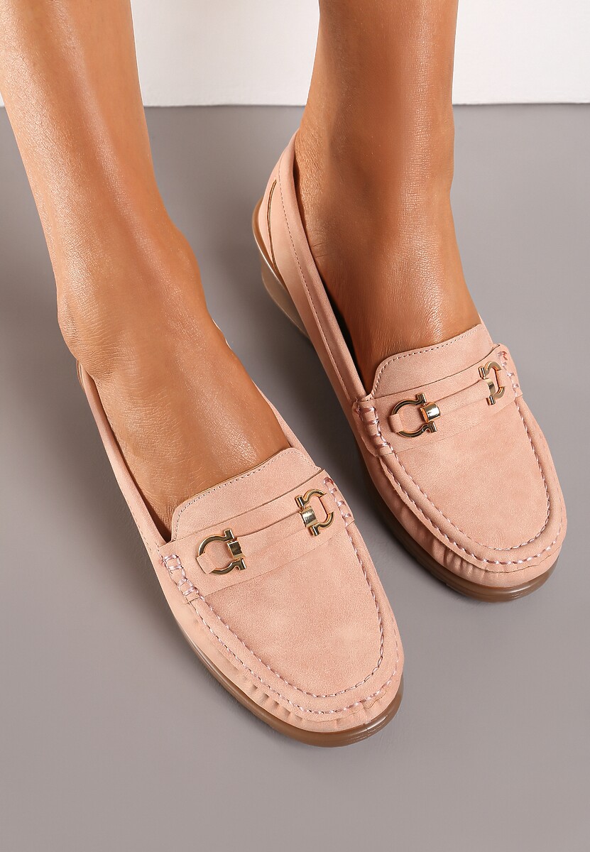 Różowe Półbuty Mokasyny na Koturnie z Metaliczną Ozdobą Dalisha