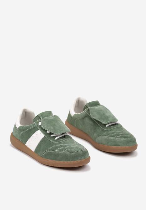 Zielono-Białe Sneakersy na Płaskiej Podeszwie ze Skóry Wykończone Zamszową Wstawką Milirae