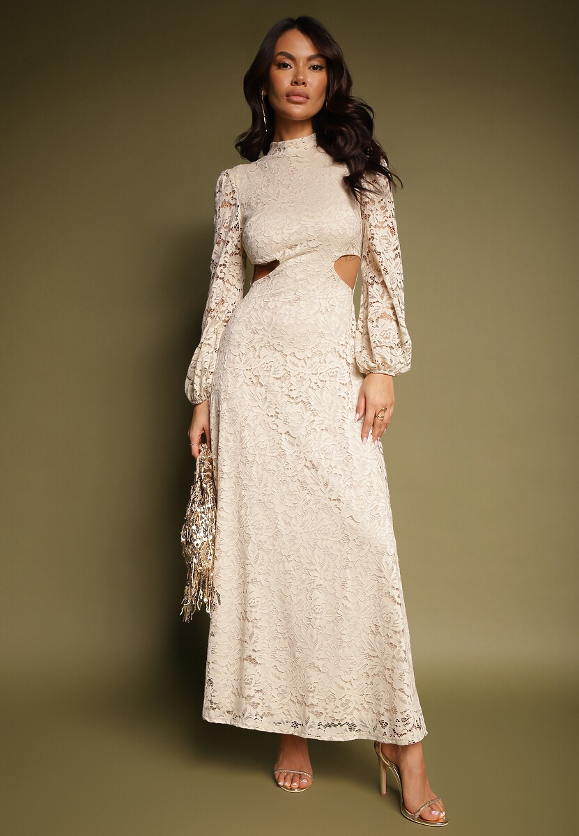 Beżowa Koronkowa Koktajlowa Sukienka o Rozkloszowanym Kroju z Odkrytymi Plecami Felillia