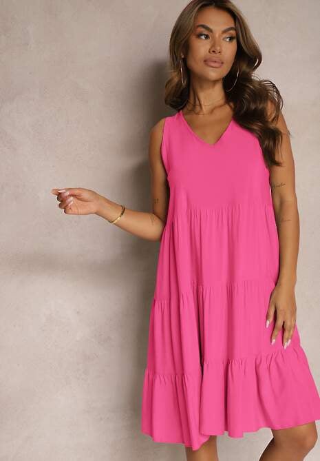 Fuksjowa Bawełniana Sukienka o Rozkloszowanym Kroju Bez Rękawów Gladea