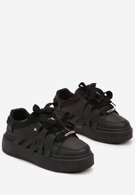 Czarne Sznurowane Sneakersy na Platformie Ozdobione Paskami Lerinique