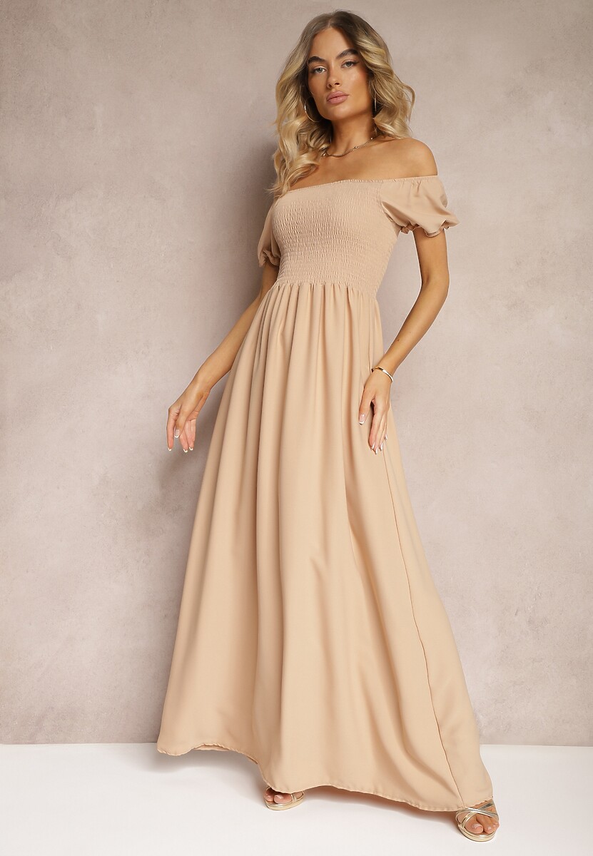 Różowa Sukienka z Gumeczkami w Talii i Przy Dekolcie z Rozkloszowanym Dołem Anideta