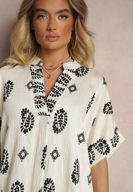 Czarno-Kremowa Sukienka z Wiskozy w Stylu Boho o Pudełkowym Kroju z Rozcięciami Virbia