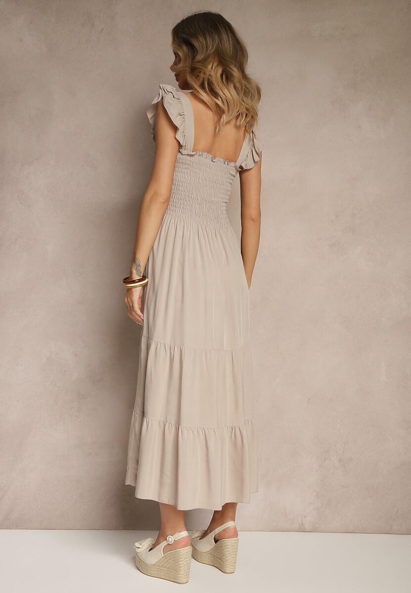Beżowa Sukienka z Bawełny na Ramiączkach Ozdobiona Falbanami i Gumkami Mevalys
