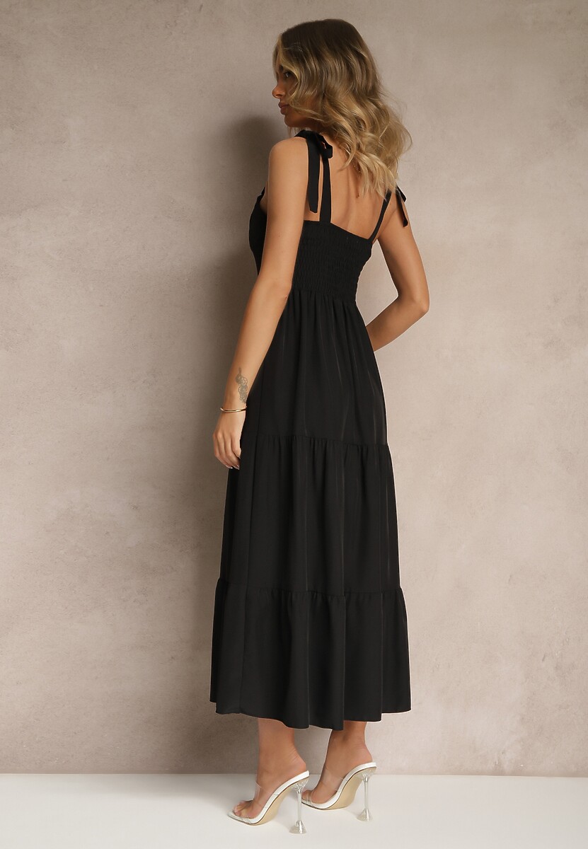 Czarna Sukienka z Wiskozą Falbanami i Wiązaniem Nilarrea
