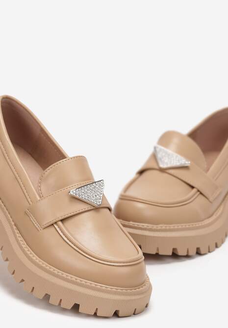 Ciemnobeżowe Mokasyny na Grubej Podeszwie Ozdobione Cyrkoniami Mavalis