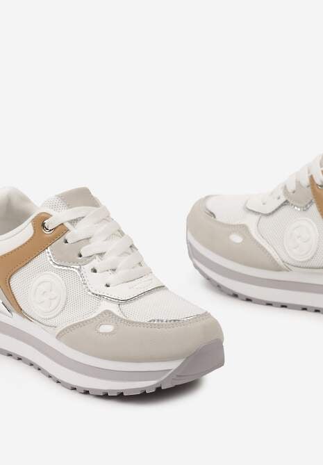 Biało-Szare Sneakersy na Niskiej Platformie z Metalicznym Paskiem za Kostkę Dapphira
