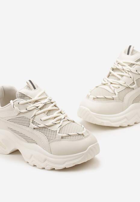 Beżowe Sneakersy na Grubej Nieregularnej Podeszwie z Odblaskowymi Wstawkami Ollavia