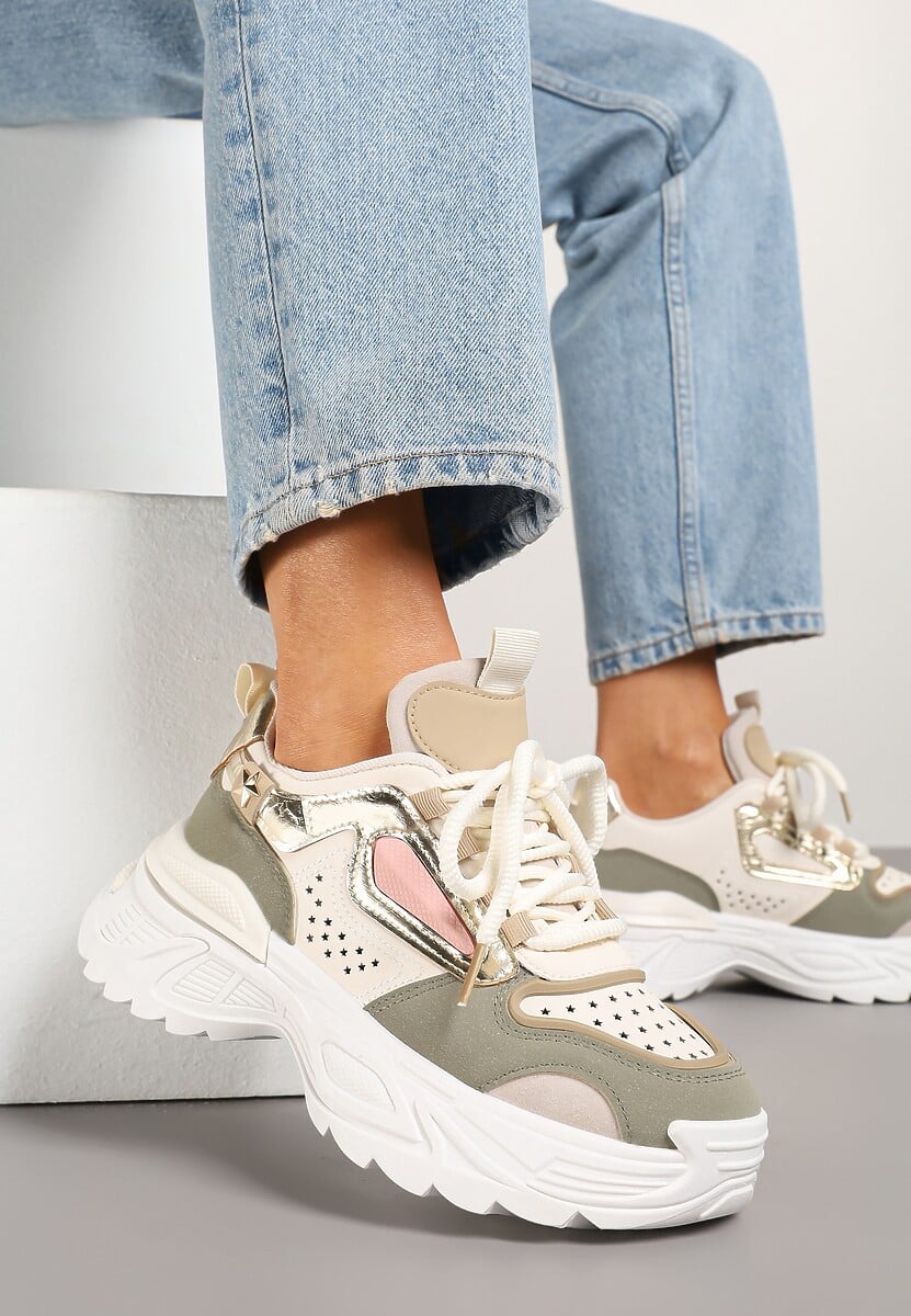 Beżowo-Zielone Sneakersy Streetwearowe na Grubej Podeszwie Waniffia