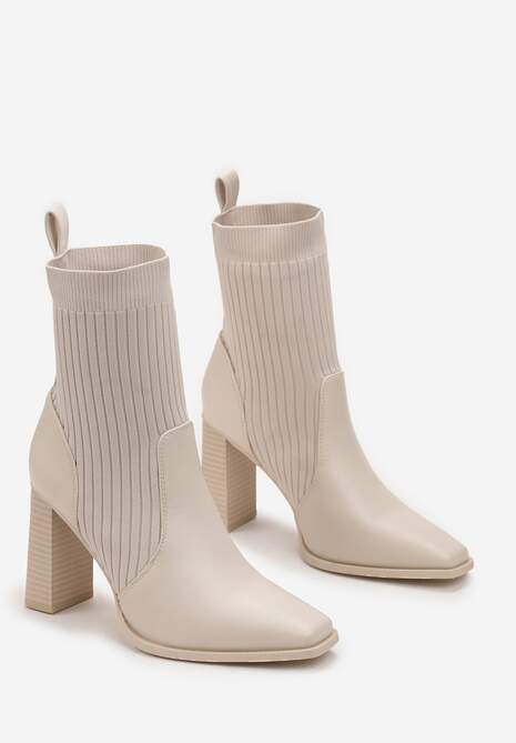 Beżowe Botki ze Skarpetkową Cholewką na Słupku Kinrade