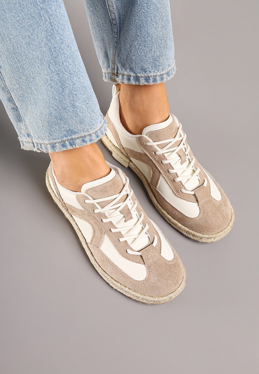 Ciemnobeżowe Sneakersy Kultowe Tenisówki z Podeszwą Zdobioną Plecionką Zarorella