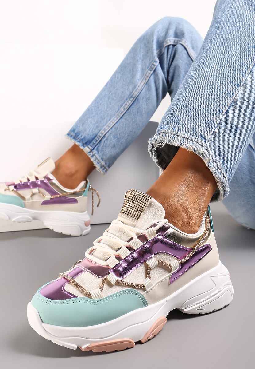 Beżowe Sneakersy Ozdobione Sznureczkiem z Cyrkoniami Nathanias