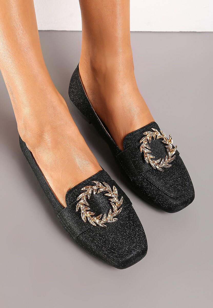 Czarne Brokatowe Mokasyny na Płaskiej Podeszwie z Ozdobną Klamrą Filian