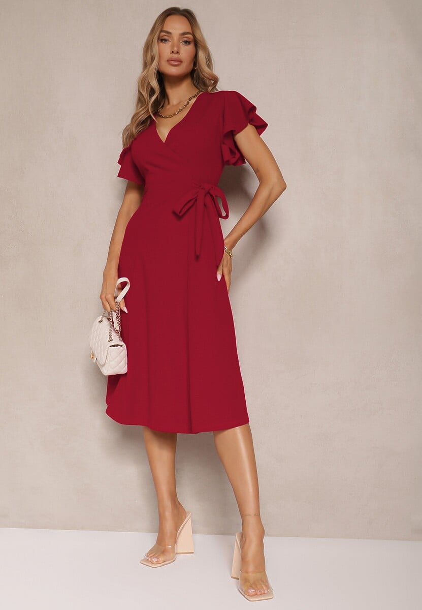 Bordowa Kopertowa Sukienka z Rozkloszowanym Dołem i Ozdobnym Wiązaniem Dannola