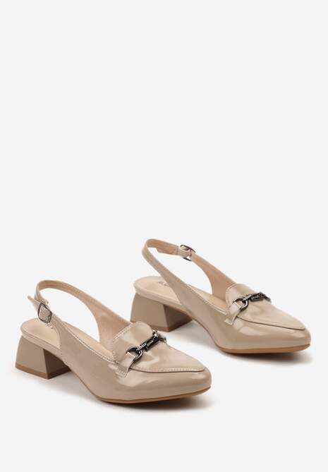 Beżowe Czółenka na Niewysokim Słupku bez Pięty Ozdobione Metalową Sprzączką Zapinane Wokół Kostki Povissia