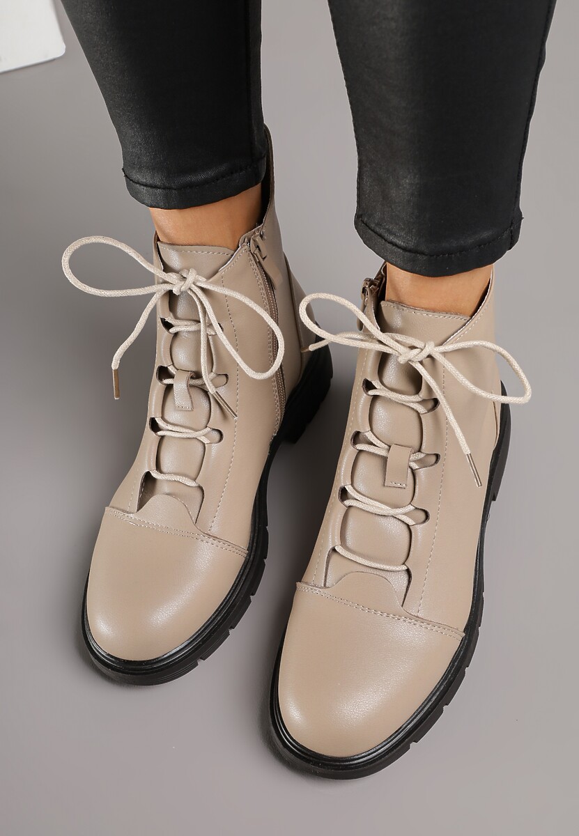 Beżowe Skórzane Botki Typu Trzewiki Wioselle
