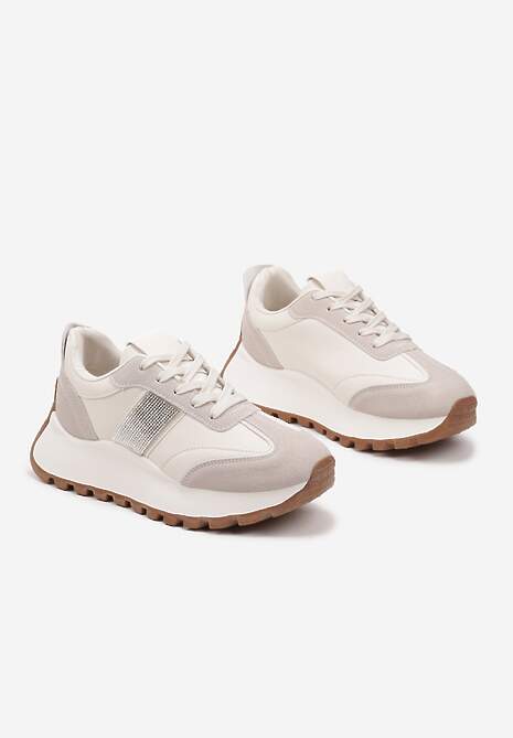 Beżowe Sneakersy na Platformie z Ozdobnymi Cyrkoniami Fenarelle