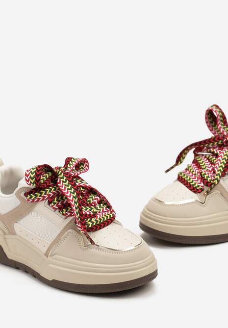 Ciemnobeżowe Sneakersy na Płaskiej Podeszwie z Grubymi Sznurówkami i Przeszyciami Joliat