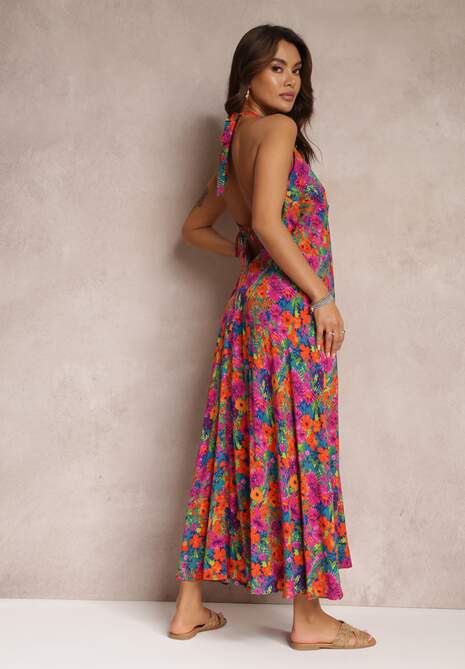 Różowa Kwiecista Sukienka Maxi z Wiskozy z Wiązaniem na Szyi i Plecach Lunka