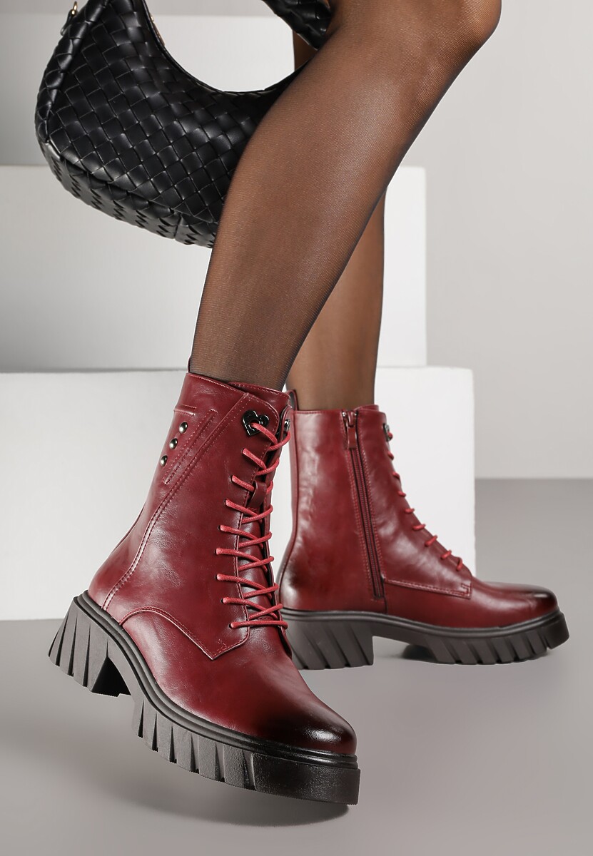 Bordowe Rockowe Botki Workery Zdobione Nitami Eratila