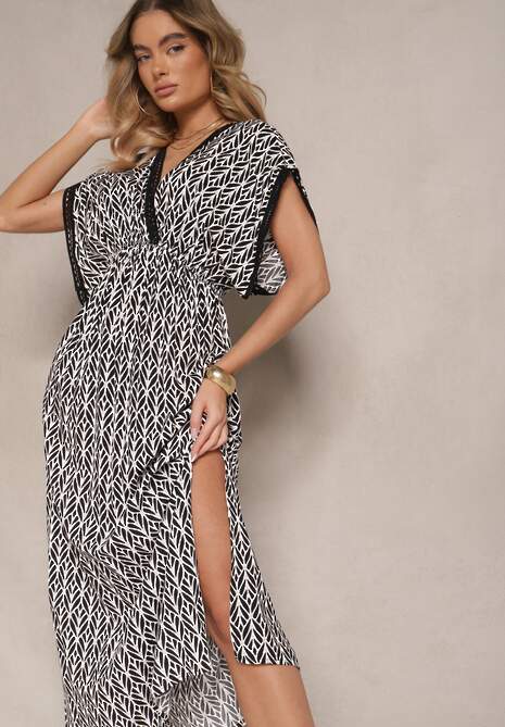 Czarno-Biała Sukienka Rozkloszowana z Bawełny Wykończona Koronką Lanadria