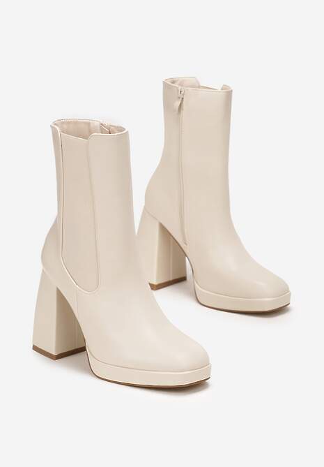 Beżowe Botki na Słupku i Niskiej Platformie Lavra