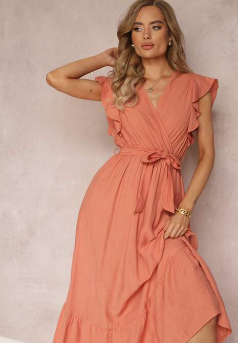 Pomarańczowa Rozkloszowana Sukienka Maxi z Gumką w Talii Lavla