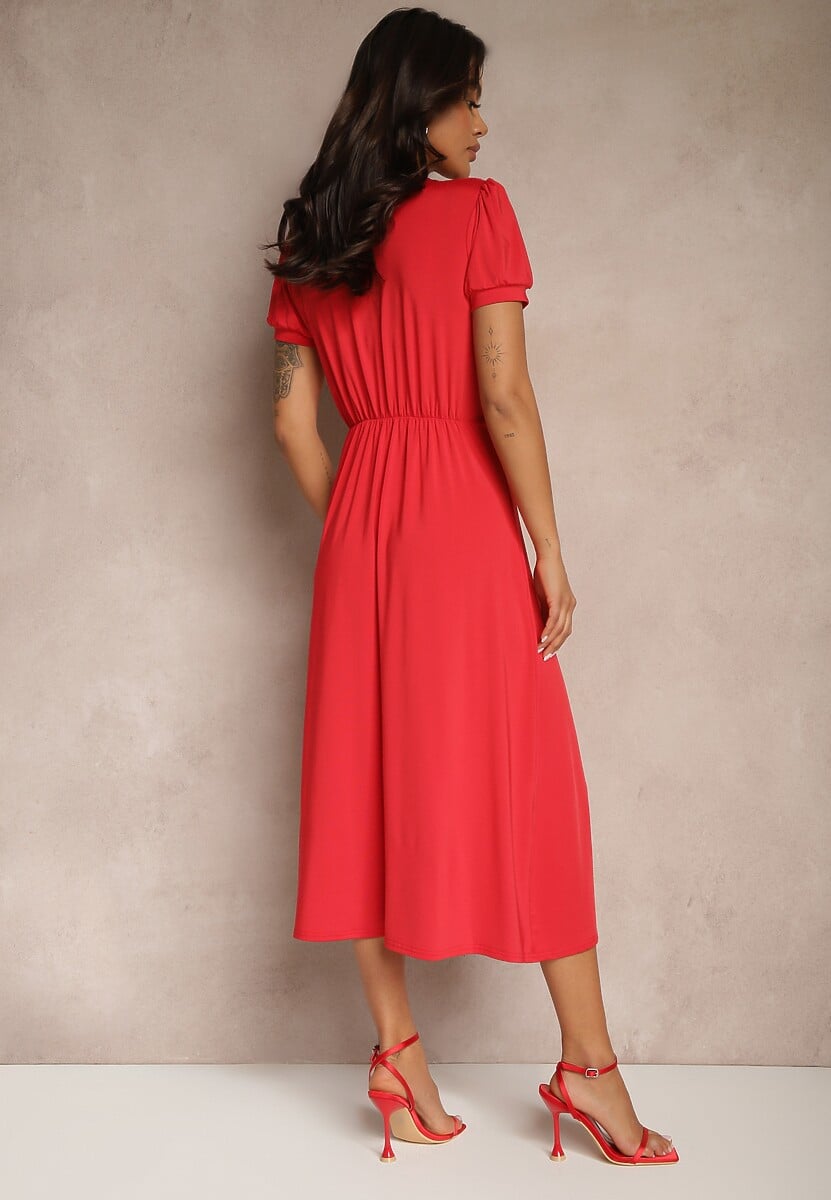 Czerwona Rozkloszowana Sukienka z Wiskozą Koktajlowa z Poduszkami w Ramionach Mimiza