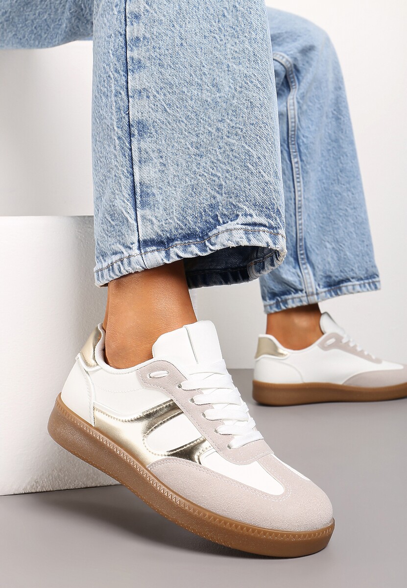 Biało-Złote Sneakersy w Stylu Kultowych Tenisówek z Kauczukową Podeszwą Poseiama