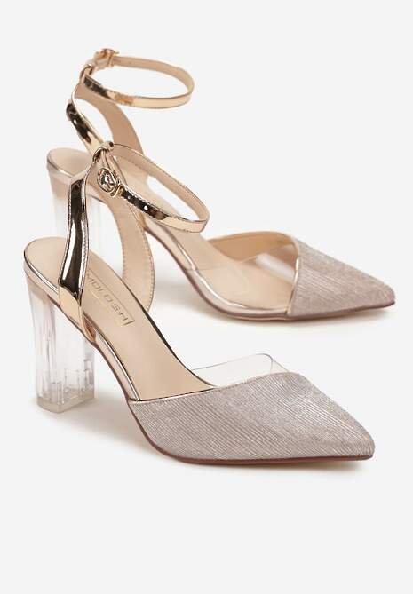 Szampańskie Brokatowe Sandały na Przezroczystym Słupku ze Sprzączką i Szpiczastym Noskiem Eizreva