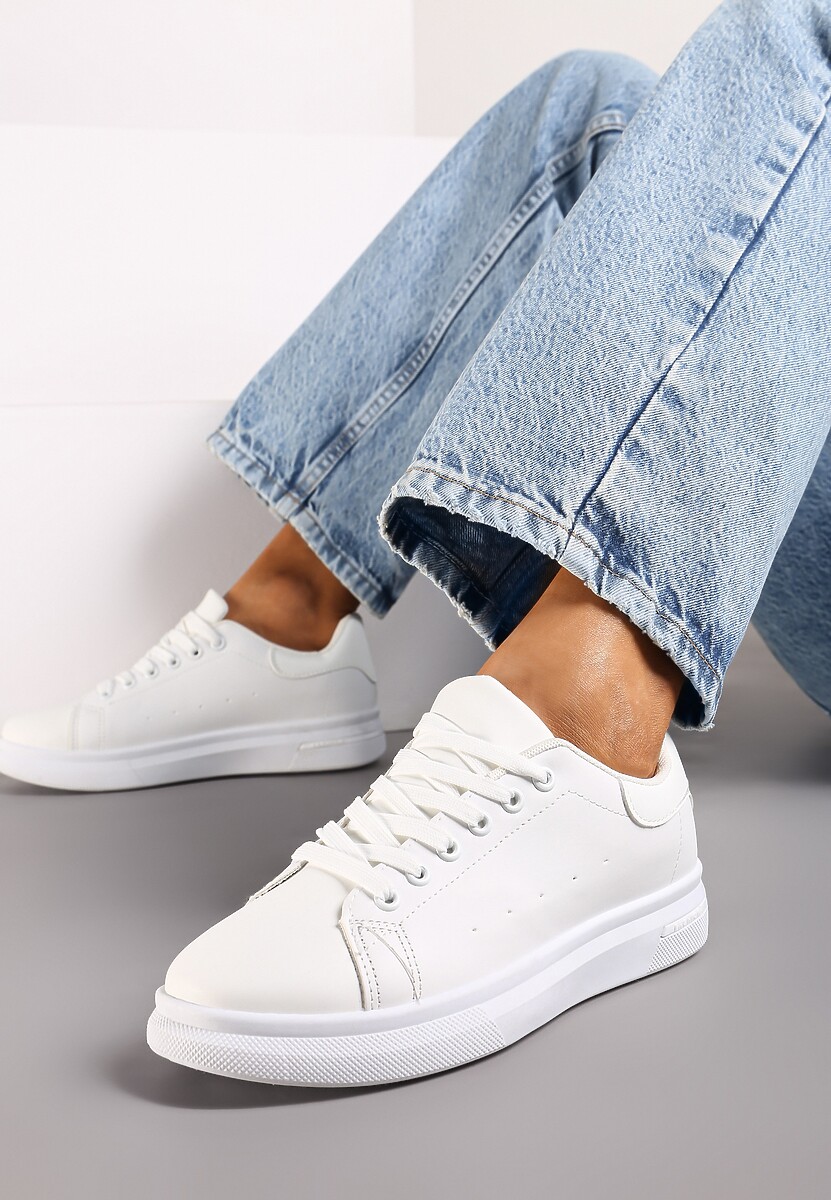 Białe Wiązane Sneakersy na Płaskiej Podeszwie z Modną Wstawką Zanelih