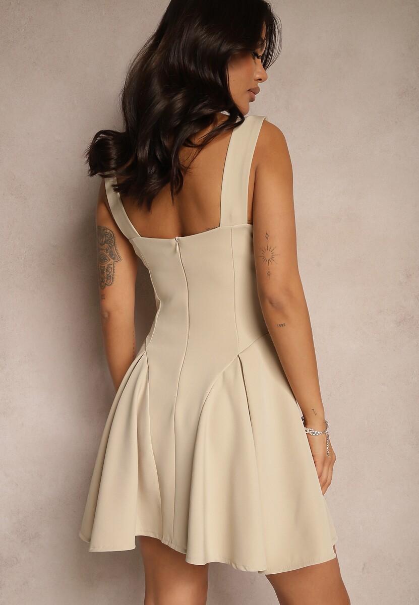 Beżowa Gorsetowa Sukienka o Rozkloszowanym Kroju na Ramiączkach Tasami