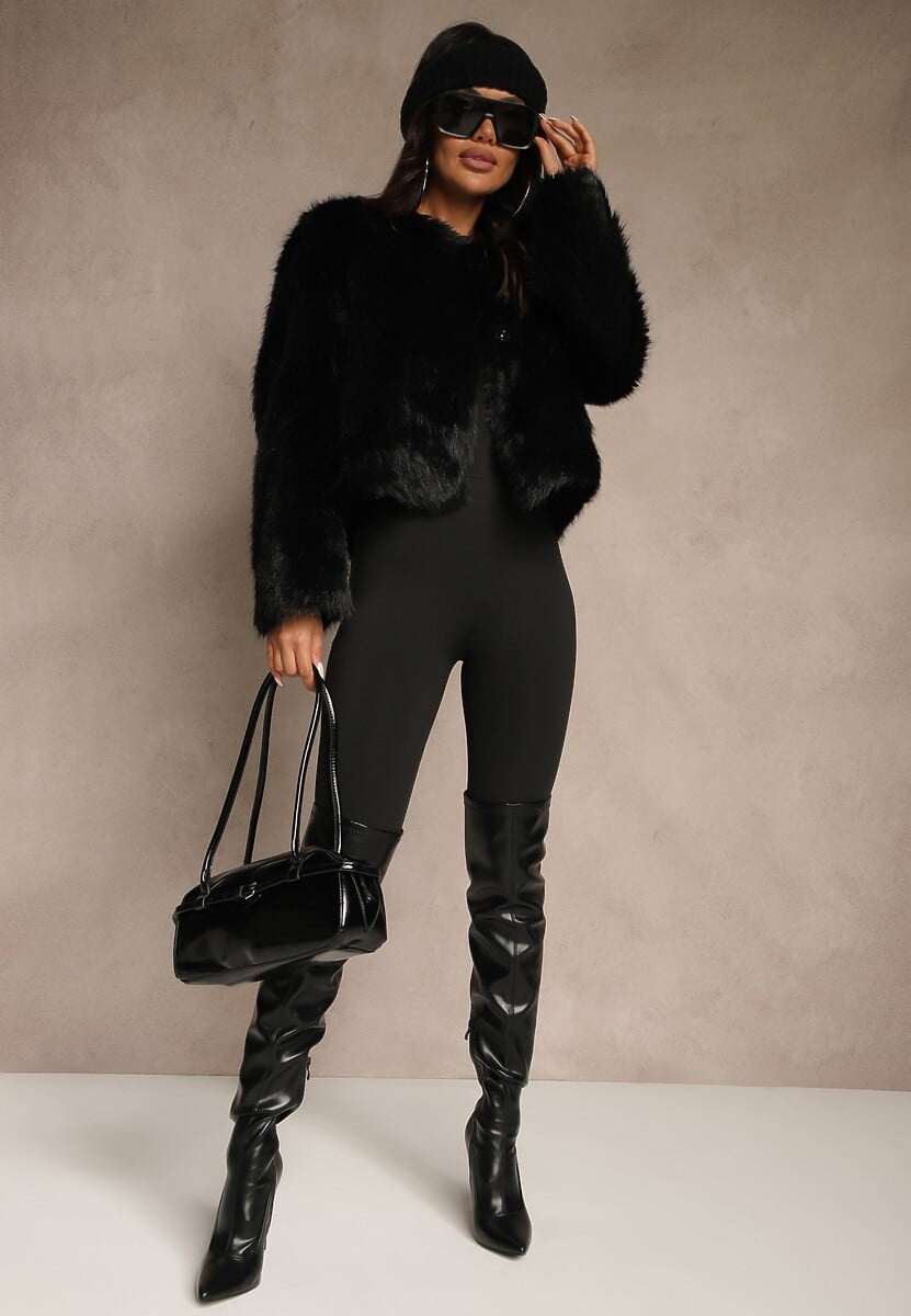 Czarna Kurtka Futerko o Prostym Fasonie z Okrągłym Dekoltem Iddane