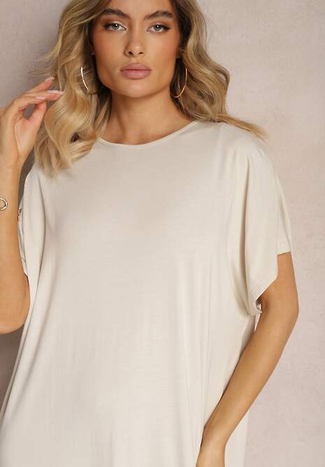 Beżowa Pudełkowa Sukienka z Wiskozy z Rozcięciem Vimoray