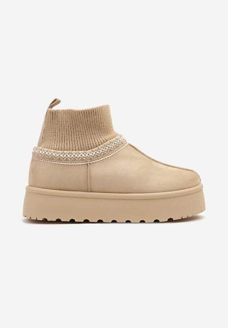 Beżowe Śniegowce na Platformie ze Skarpetową Cholewką Erevelis