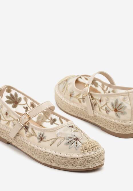 Beżowe Espadryle z Siateczki na Plecionej Podeszwie Zdobione Haftem Evelritia
