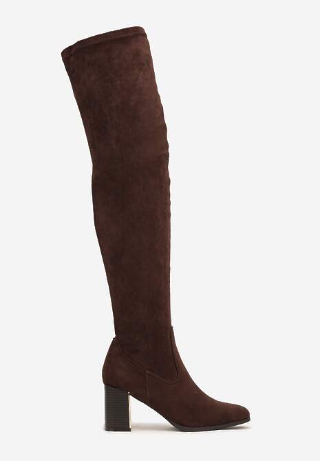 Brązowe Długie Kozaki za Kolano z Imitacji Zamszu na Metalicznym Obcasie Terephne