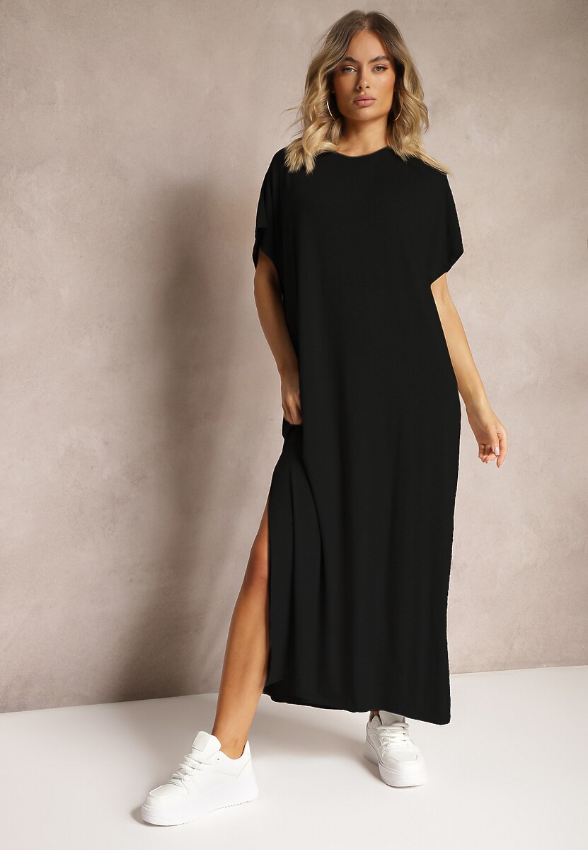 Czarna Pudełkowa Sukienka z Wiskozy z Rozcięciem Vimoray